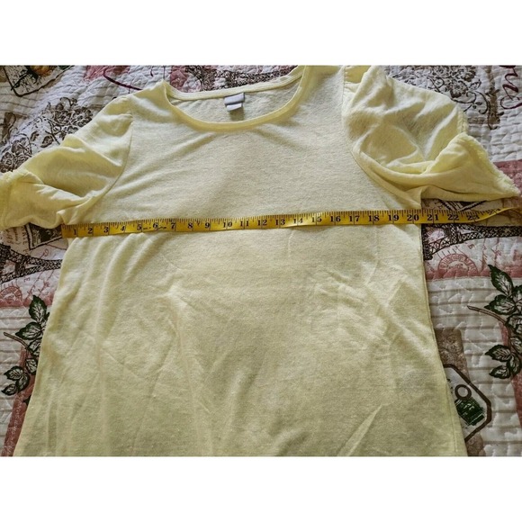 Chico's Womens Yellow Linen Top Blouse SIub Knit Tulip Sleeve Fringe Size M - Picture 5 of 6